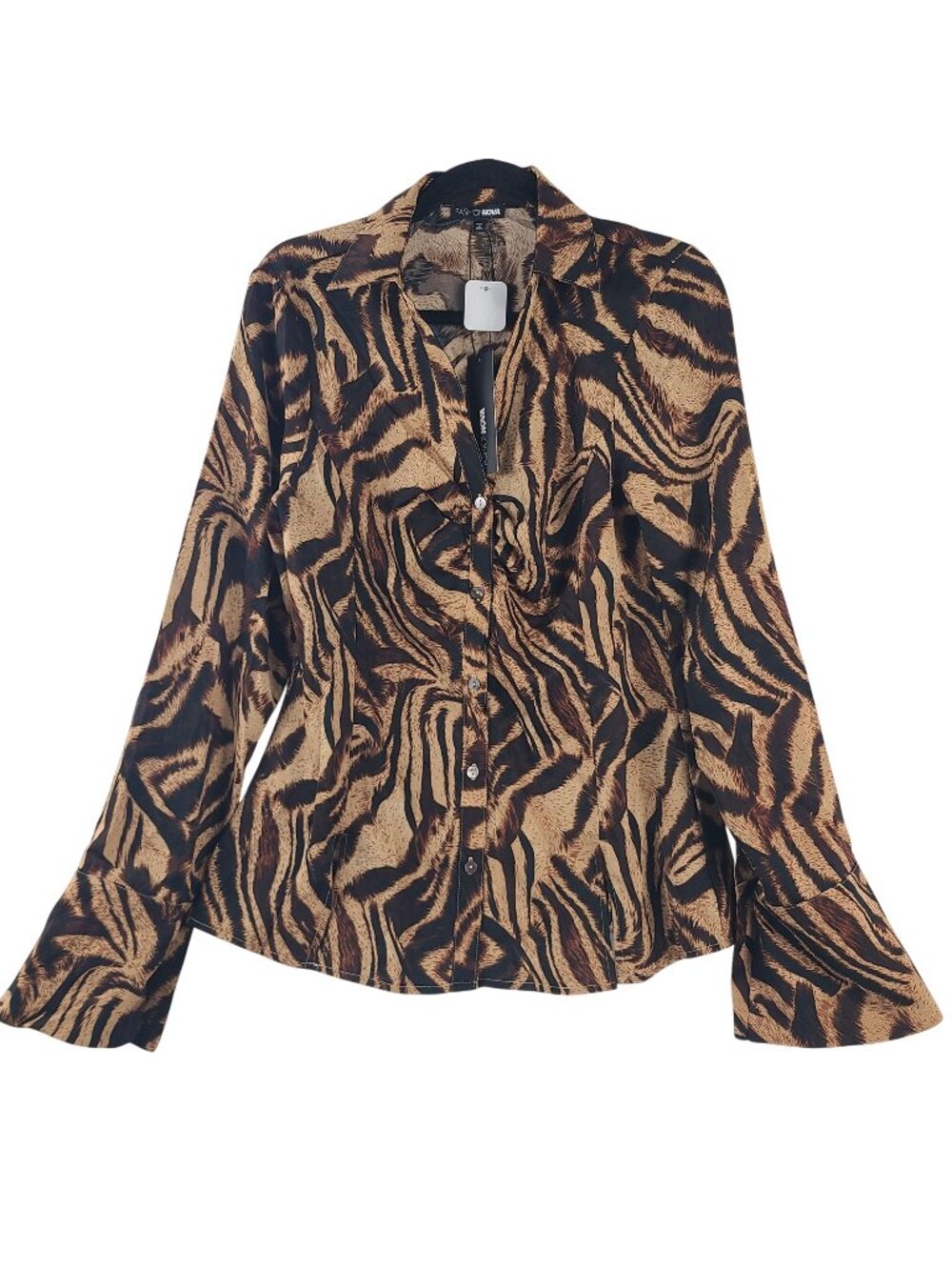 Fashion Nova Zebra Print Button-Up Blouse With Flared Sleeves Brown Combo Size L